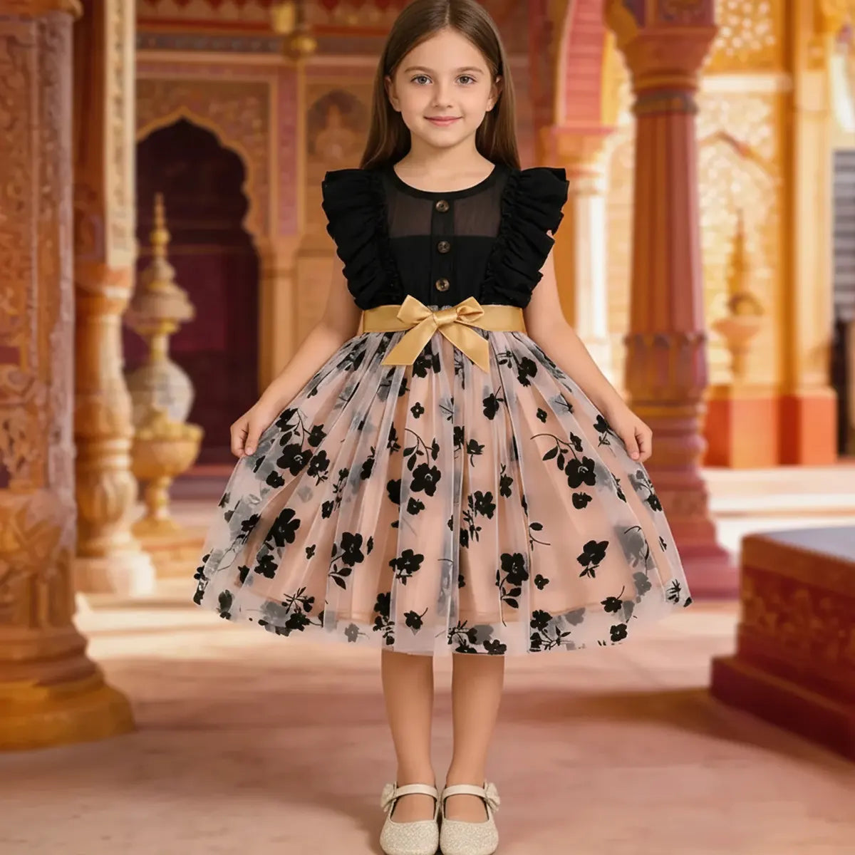 Girls Black Floral Pattern Tulle-overlay Fit & Flare Dress Casual Dresses