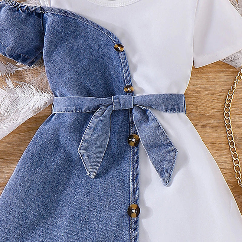 Girls Blue Solid Cold Shoulder Denim A-Line Dress Casual Dresses