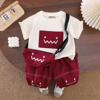 Boys Printed Applique T-Shirt With Maroon Sling Bag And Shorts Set Sets Maroon 1-2 Y