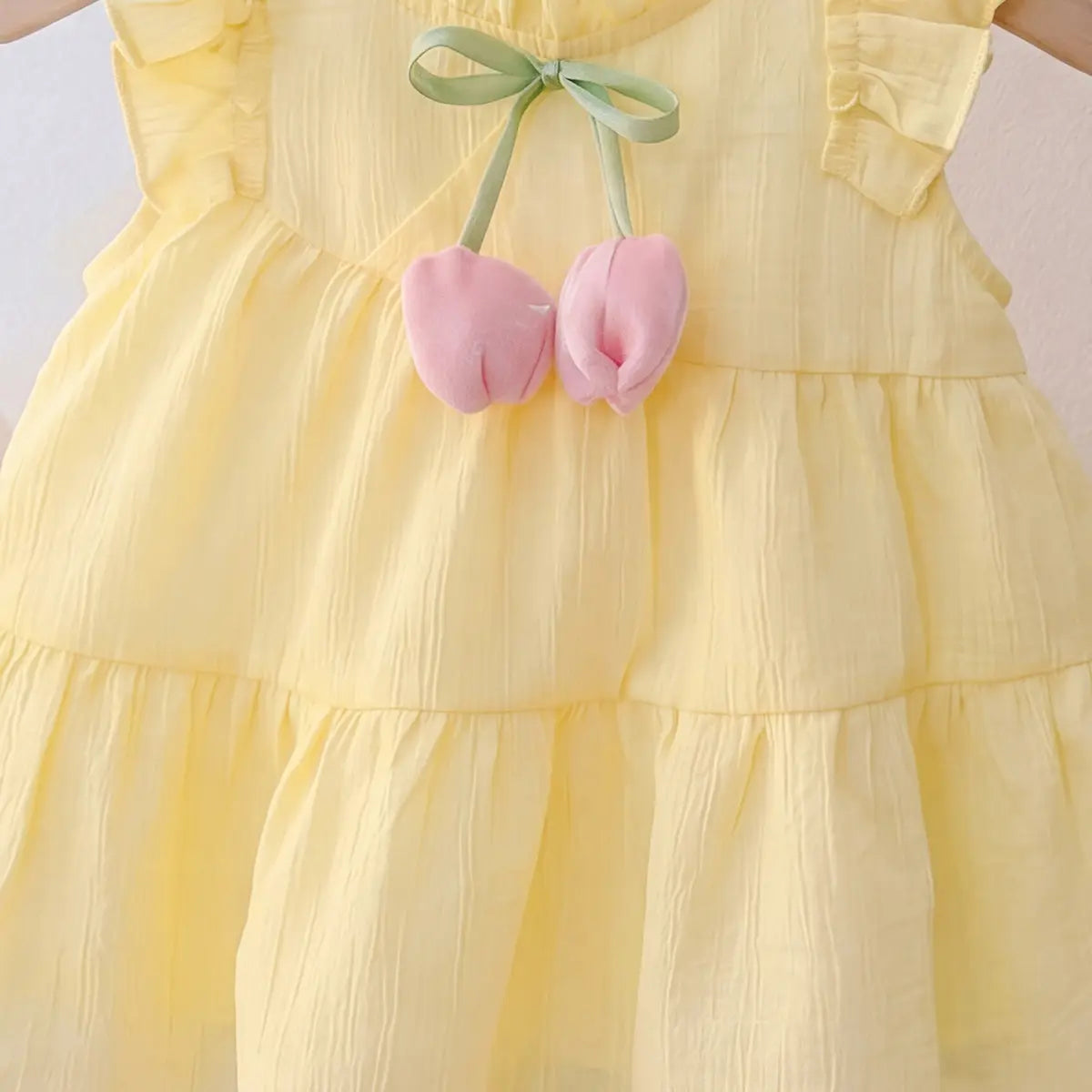 Girls Lime Yellow Sleeveless Bow Accent Tiered Dress Casual Dresses
