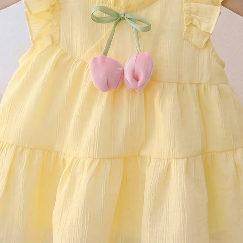 Girls Lime Yellow Sleeveless Bow Accent Tiered Dress Casual Dresses