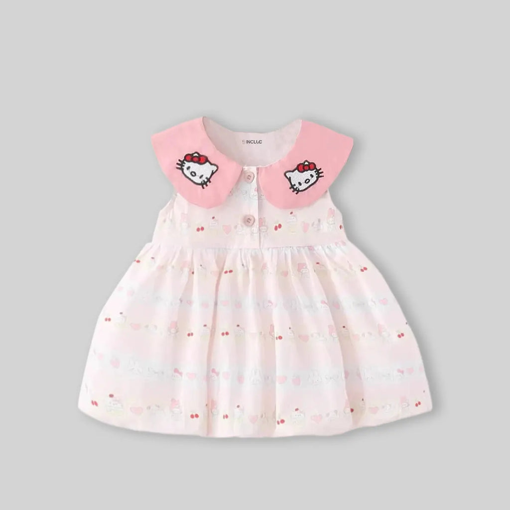 Girls Light Pink Kitty Print Sleeveless Fit & Flare Dress Casual Dresses