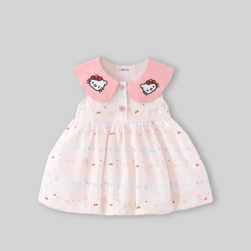 Girls Light Pink Kitty Print Sleeveless Fit & Flare Dress Casual Dresses