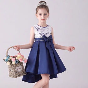 Girls Navy Blue Embroidered Sleeveless High-Low Party Wear Dress Party Dresses