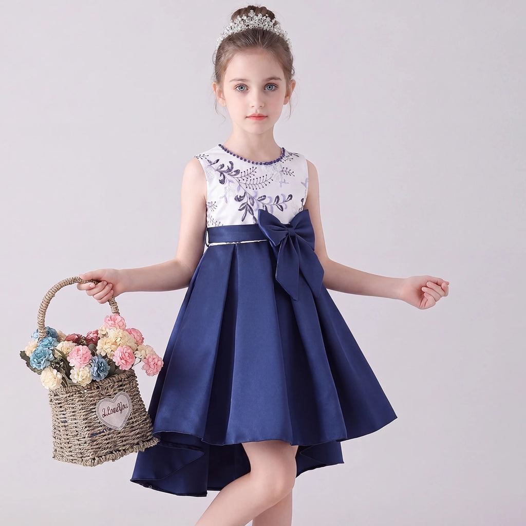 Girls Navy Blue Embroidered Sleeveless High-Low Party Wear Dress Party Dresses