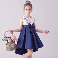 Girls Navy Blue Embroidered Sleeveless High-Low Party Wear Dress Party Dresses