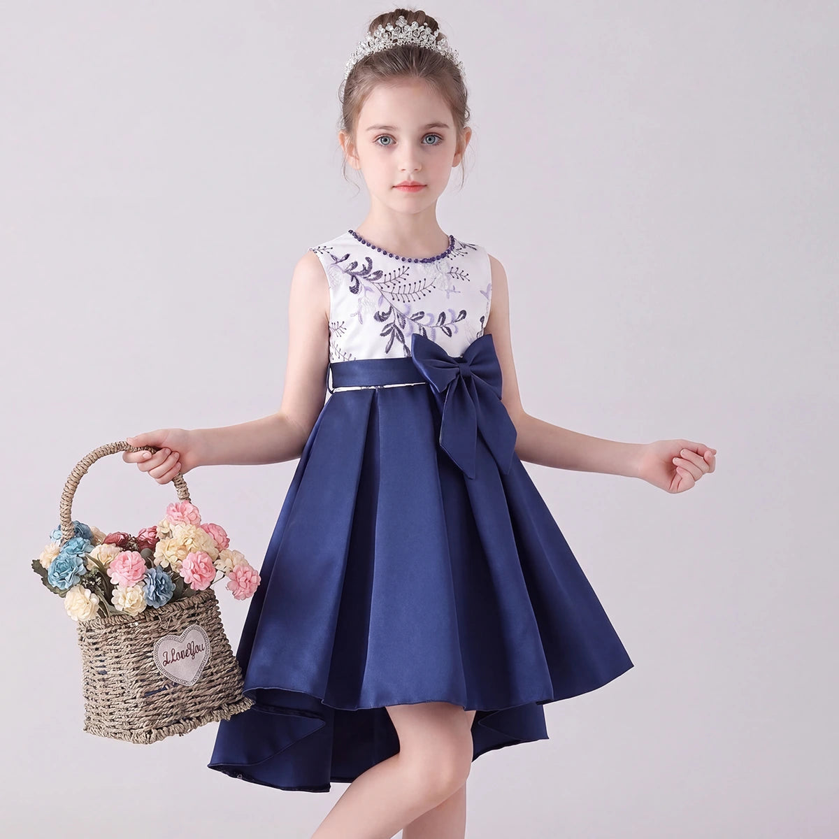 Girls Navy Blue Embroidered Sleeveless High-Low Party Wear Dress Party Dresses