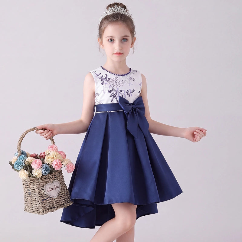 Girls Navy Blue Embroidered Sleeveless High-Low Party Wear Dress Party Dresses