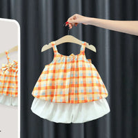 Girls Orange Checked Bow Top With Shorts Sets Sets