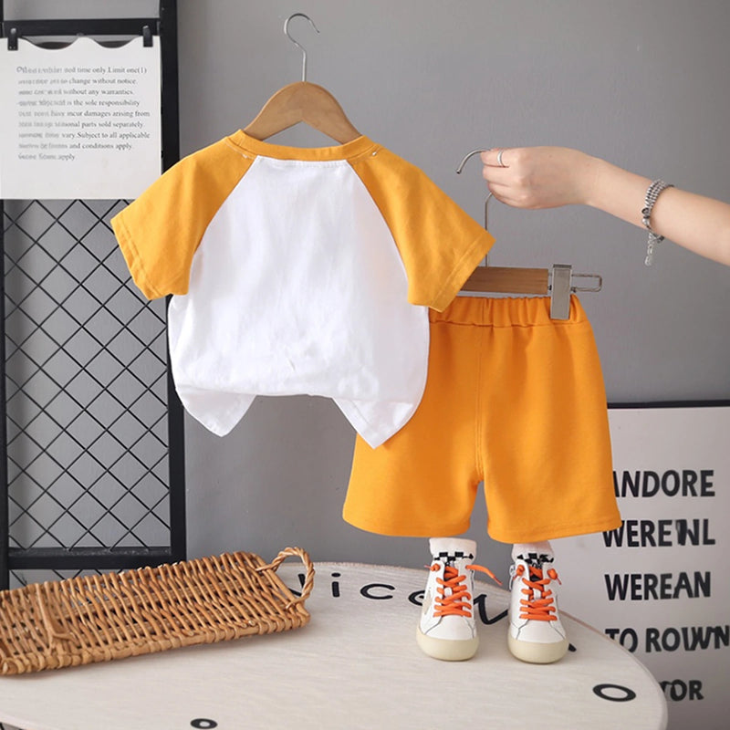 Boys Orange Lion Cartoon Print Short Sleeves T-Shirt With Shorts Set Sets