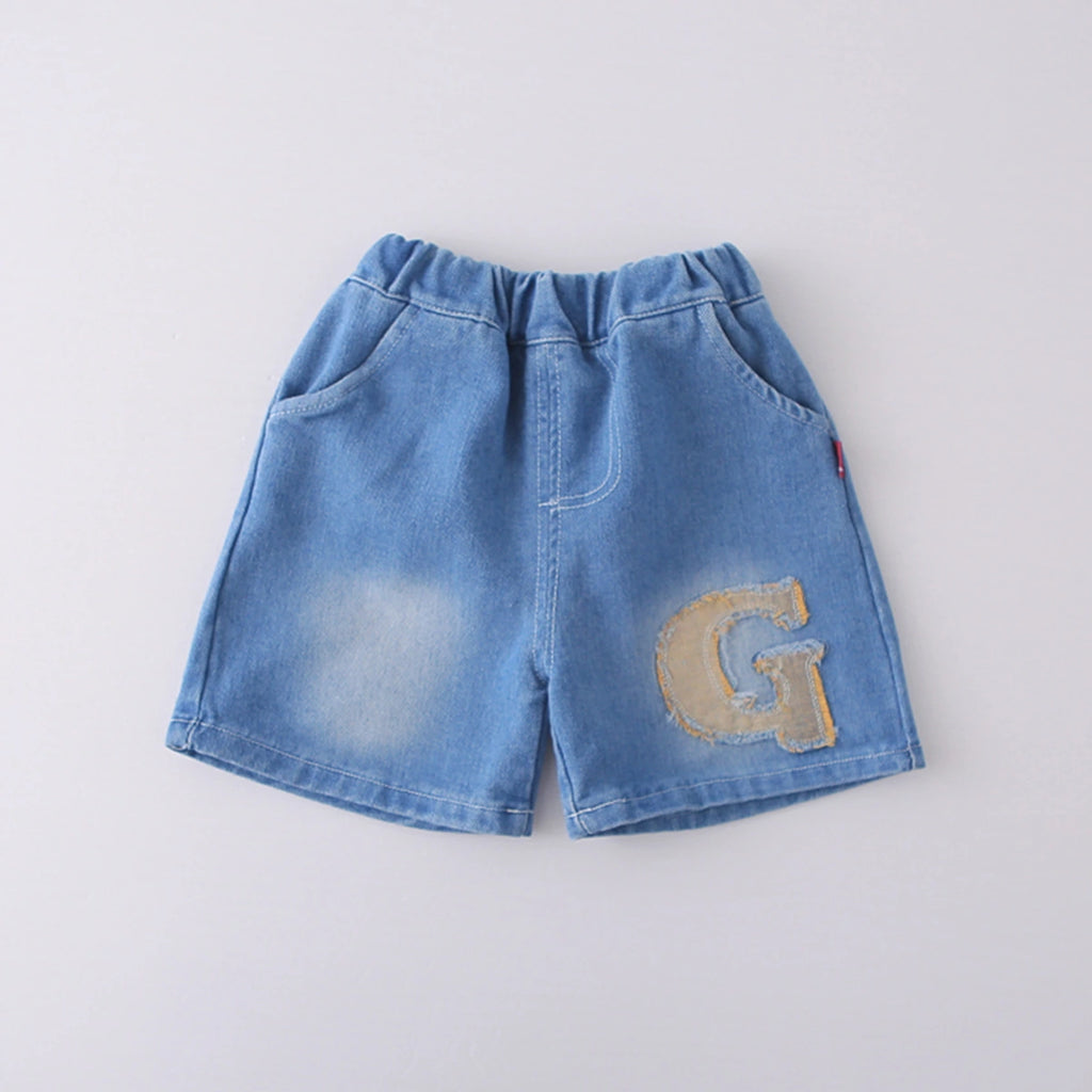 Boys Black Letter G Printed T-Shirt With Denim Shorts Set Sets