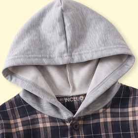 Boys Navy Blue Checked Long Sleeve Hooded Shirt Shirts