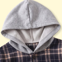 Boys Navy Blue Checked Long Sleeve Hooded Shirt Shirts