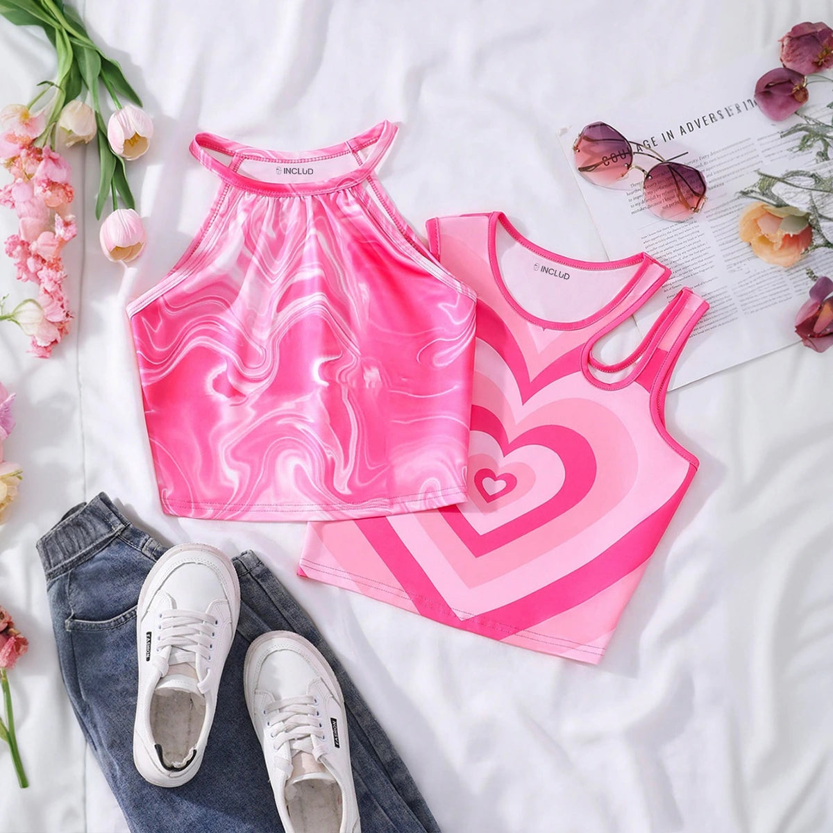 Girls Pink Heart And Marble Print Crop Tops Pack Of 2 Tops Pink 7-8 Y