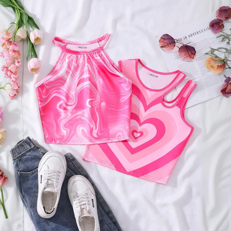 Girls Pink Heart And Marble Print Crop Tops Pack Of 2 Tops Pink 7-8 Y