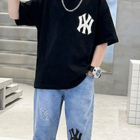 Boys Black Printed Drop Shoulder T-Shirt With Denim Capri Sets Sets
