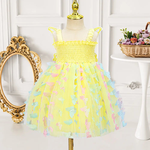 Girls Lime Yellow 3D Butterfly Wing Applique Tulle Overlay Fit & Flare Dress Casual Dresses Lime Yellow 2-3 Y