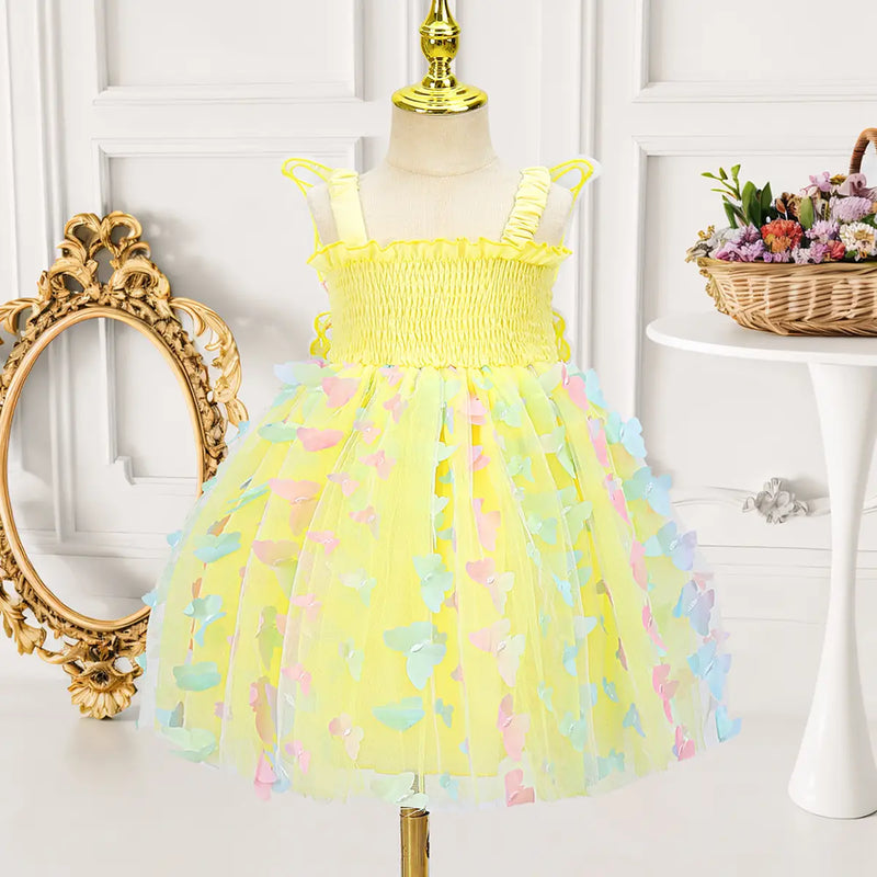Girls Lime Yellow 3D Butterfly Wing Applique Tulle Overlay Fit & Flare Dress Casual Dresses Lime Yellow 2-3 Y