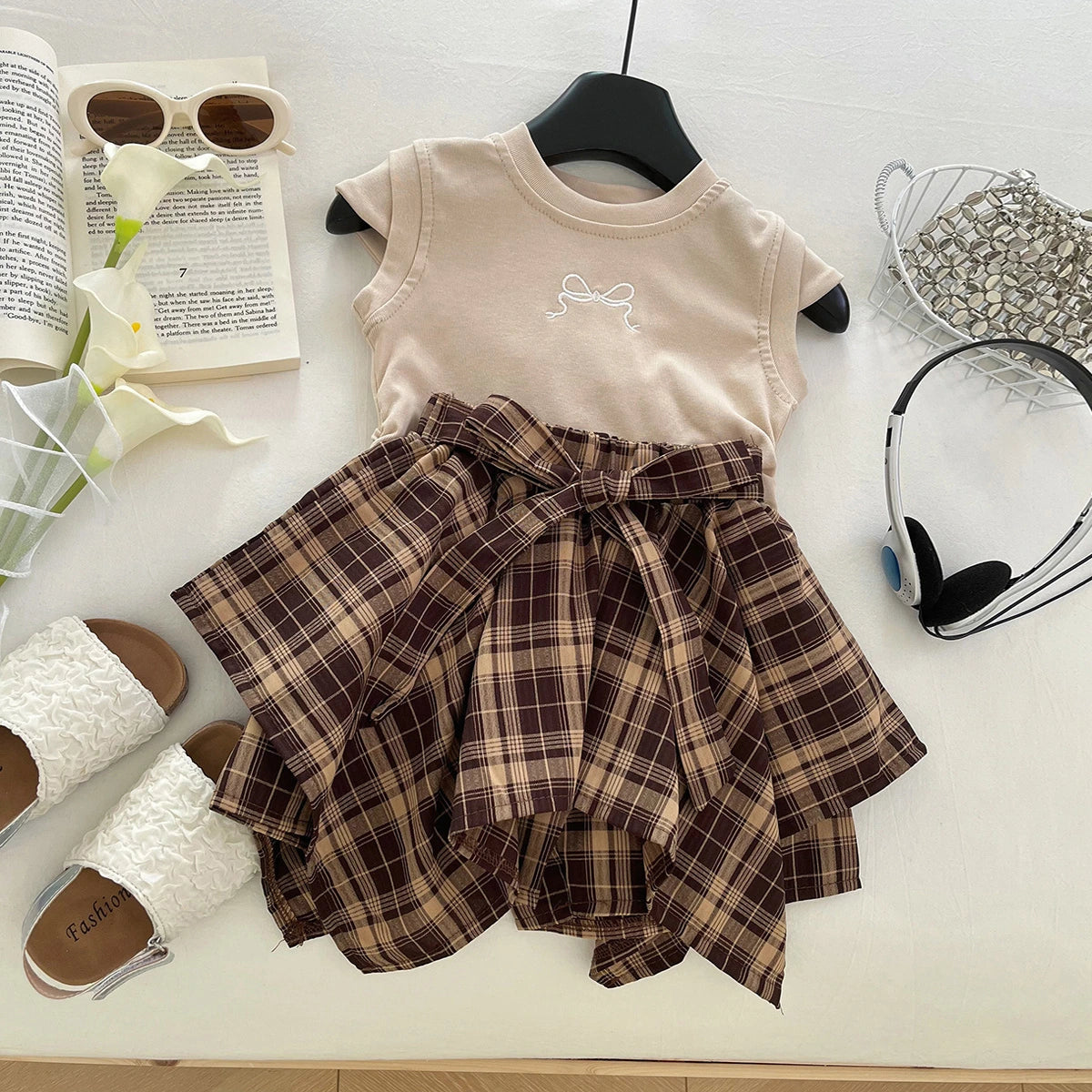 Girls Beige Bow Embroidered Cap Sleeve Top With Checked Skirt Sets 2 pc. Sets