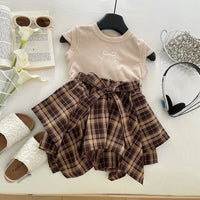 Girls Beige Bow Embroidered Cap Sleeve Top With Checked Skirt Sets 2 pc. Sets