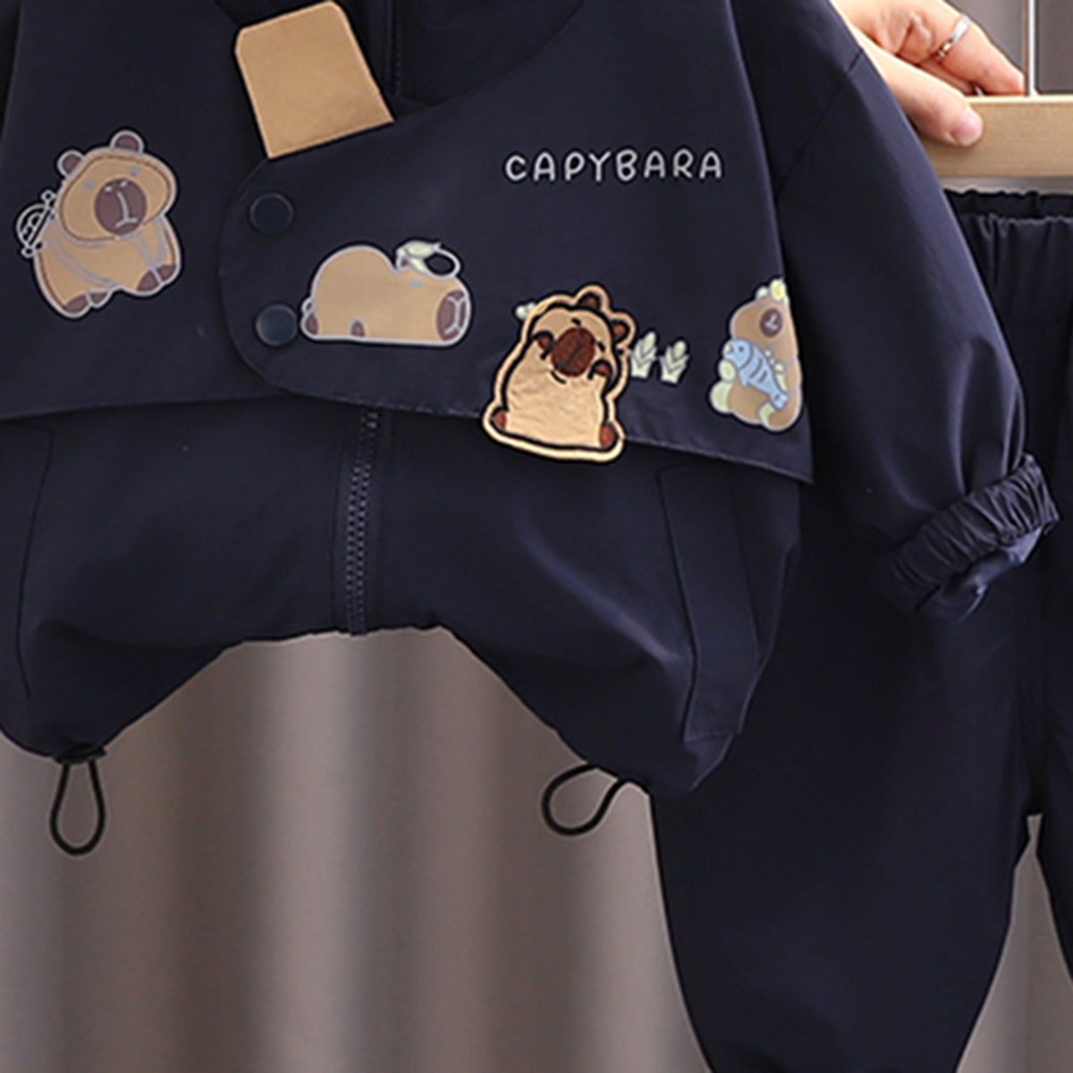 Boys Navy Blue Capybara Printed Hooded Jacket With Joggers Set 2 pc. Sets