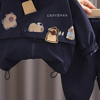 Boys Navy Blue Capybara Printed Hooded Jacket With Joggers Set 2 pc. Sets