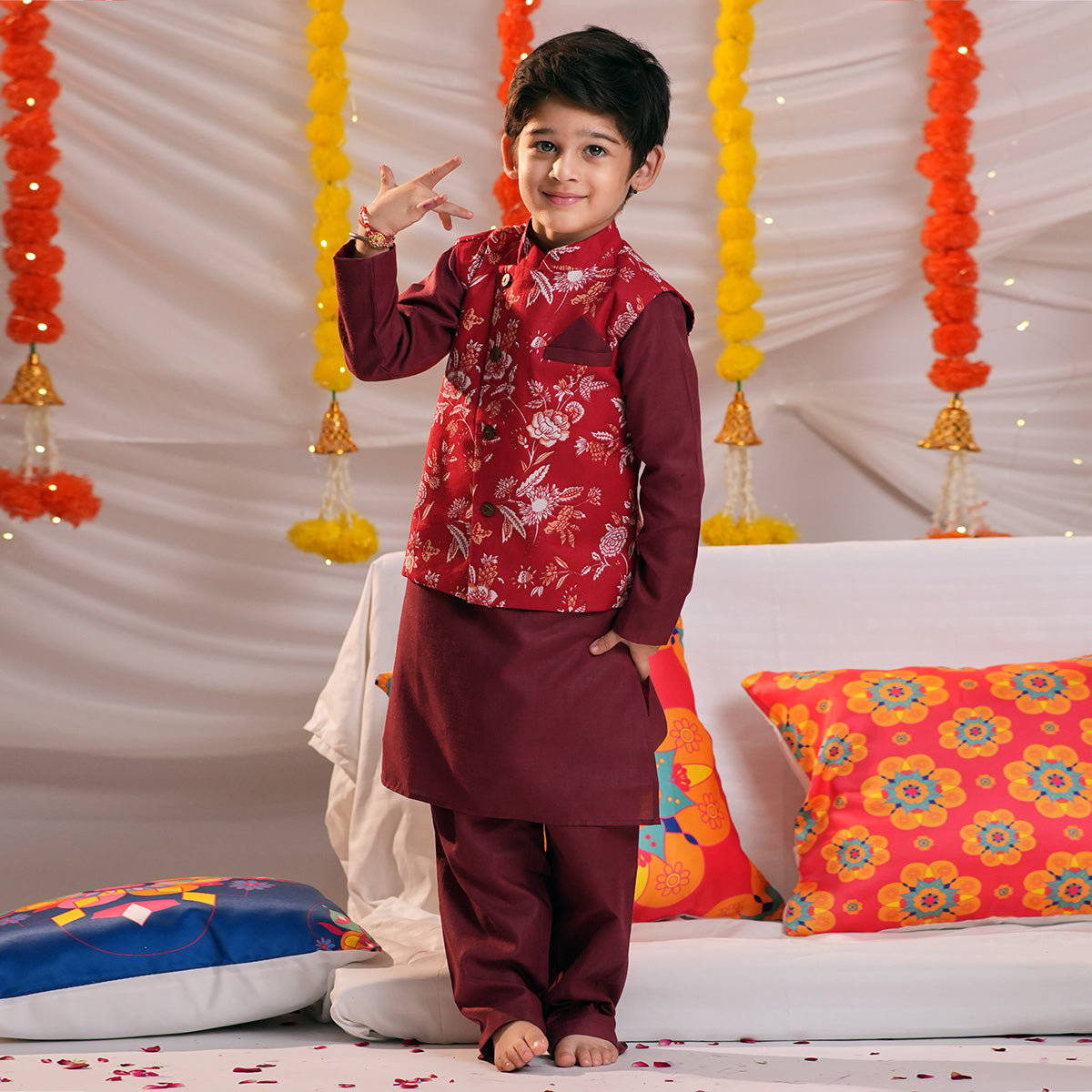 Boys Red Kurta with Floral Print Nehru Jacket & Pyjama Set Ethnicwear Boys
