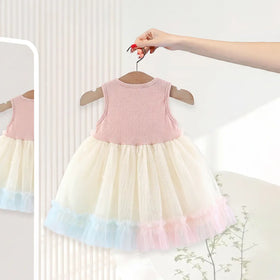 Girls Multicolor Star Applique Tulle Overlay Fit & Flare Dress Casual Dresses