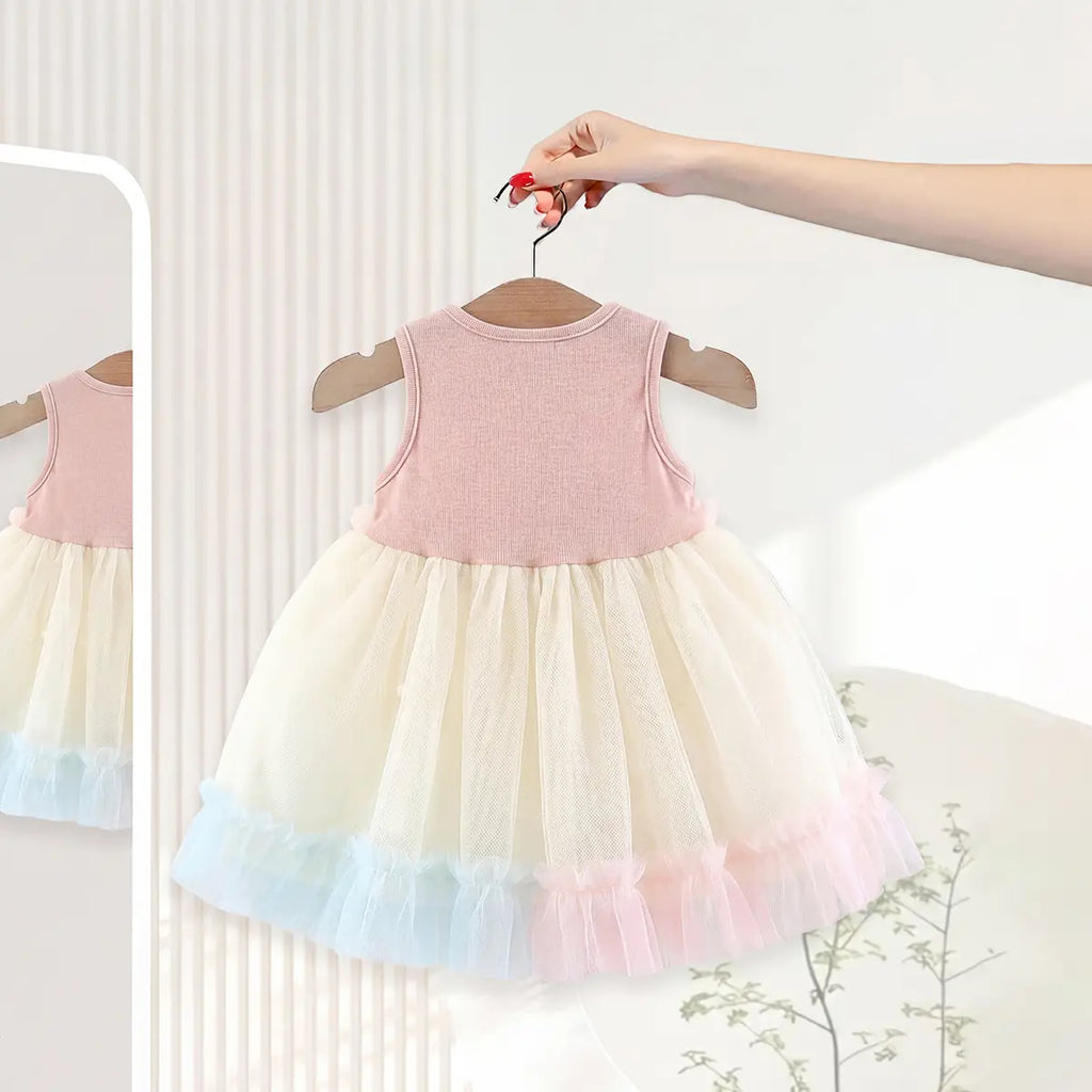 Girls Multicolor Star Applique Tulle Overlay Fit & Flare Dress Casual Dresses