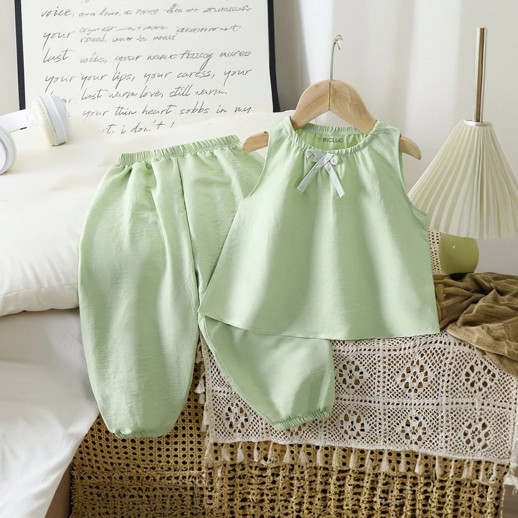 Girls Light Green Bow Applique Sleeveless Top With Elasticated Pants Sets 2 pc. Sets Light Green 1-2 Y