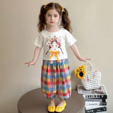 Girls White Graphic T-Shirt With Checked Pants Sets