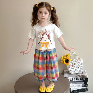 Girls White Graphic T-Shirt With Checked Pants Sets Sets White 1-2 Y