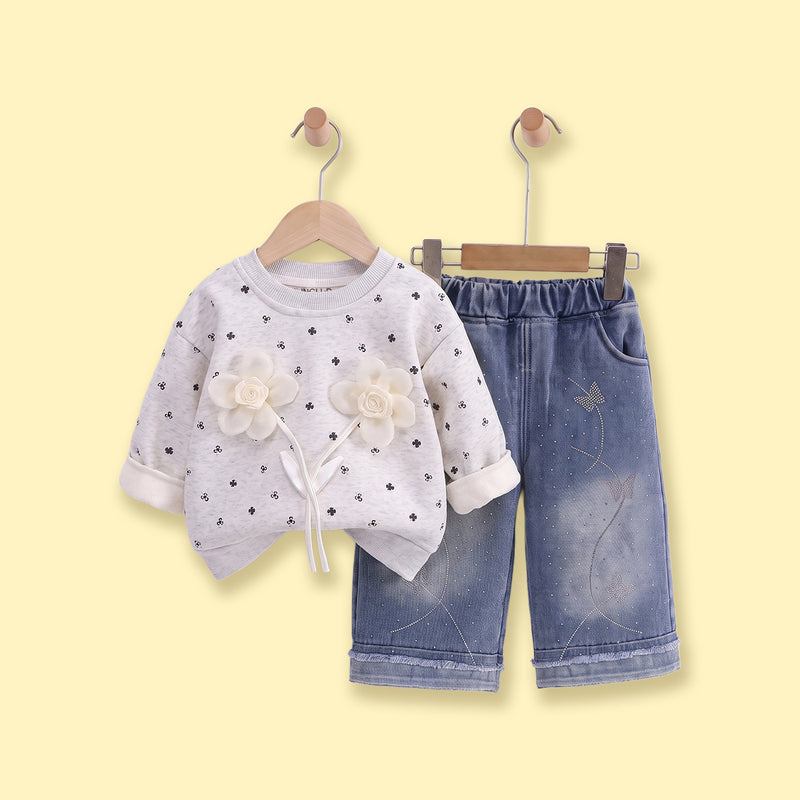 Girls Light Grey Floral Sweatshirt & Denim Pants Sets Sets Light Grey 1-2 Y