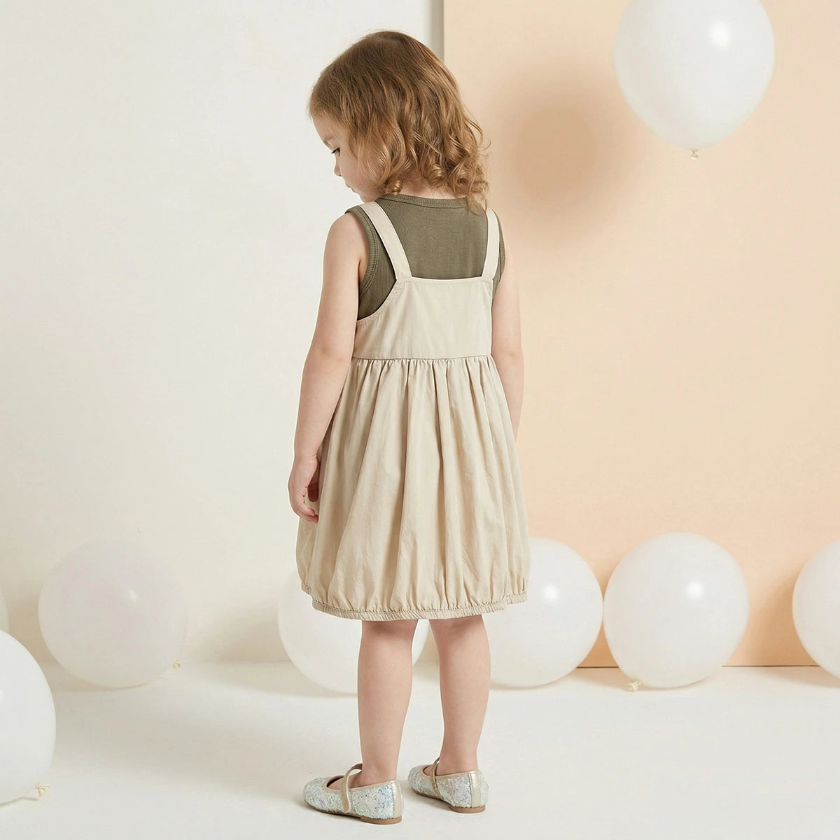 Girls Beige Solid Pinafore Dress With Sleeveless Inner Top Casual Dresses