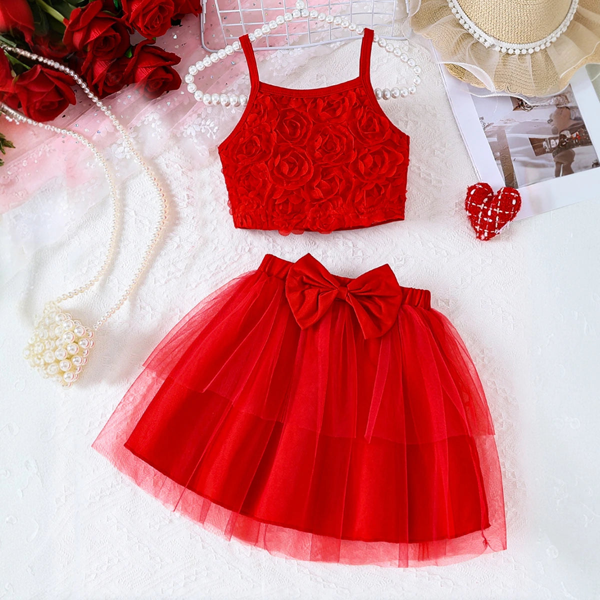 Girls Red Rose Applique Sleeveless Top With Elasticated Skirt Sets 2 pc. Sets Red 3-4 Y