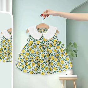 Girls Yellow Floral Print Peter Pan Collar Tiered Dress Casual Dresses Yellow 1-2 Y
