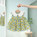 Girls Yellow Floral Print Peter Pan Collar Tiered Dress Casual Dresses Yellow 1-2 Y