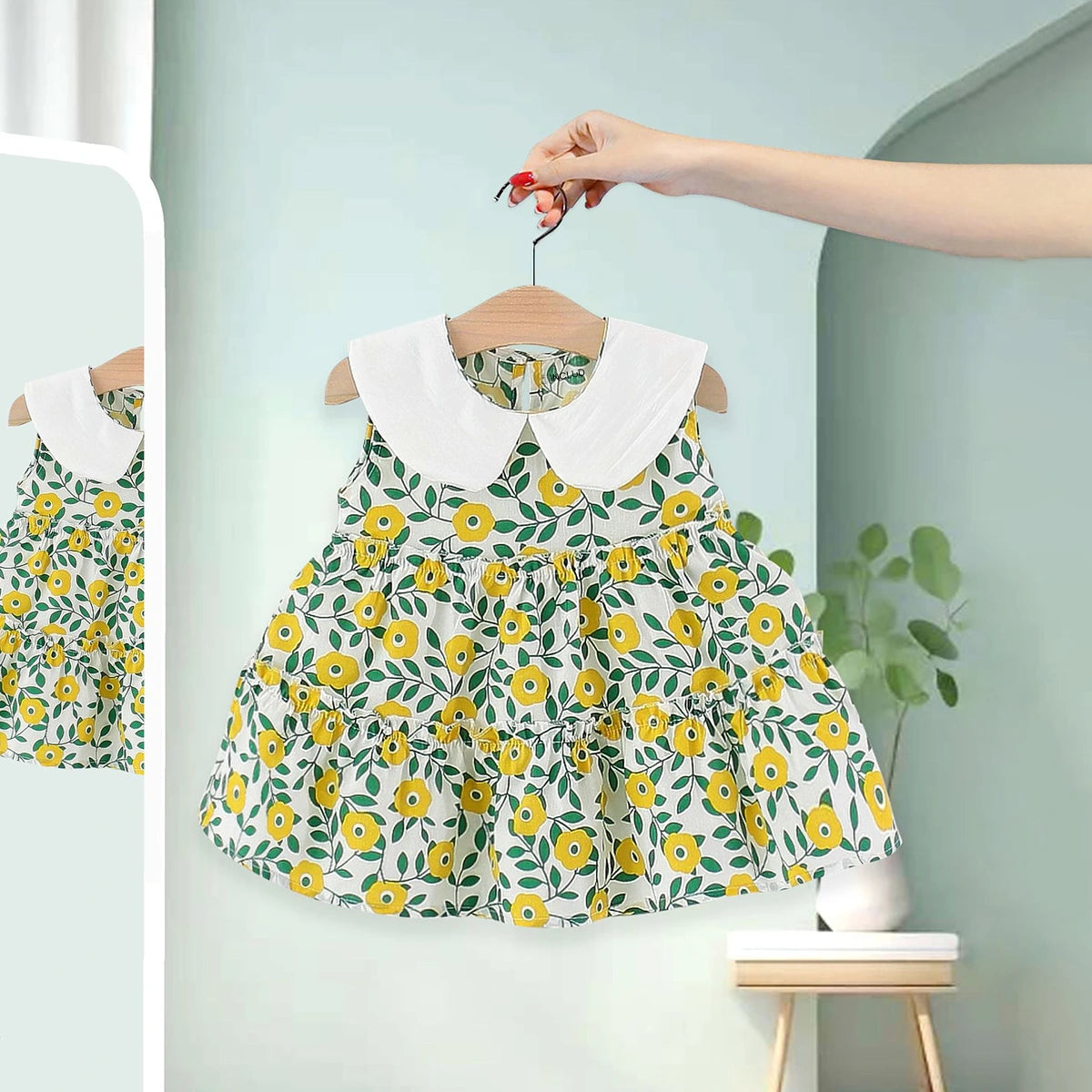 Girls Yellow Floral Print Peter Pan Collar Tiered Dress Casual Dresses Yellow 1-2 Y