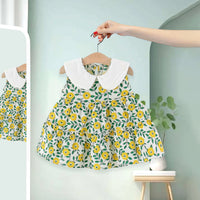 Girls Yellow Floral Print Peter Pan Collar Tiered Dress Casual Dresses Yellow 1-2 Y