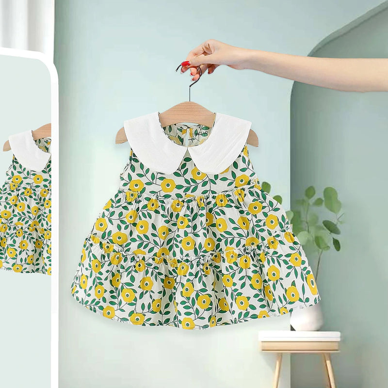 Girls Yellow Floral Print Peter Pan Collar Tiered Dress Casual Dresses Yellow 1-2 Y
