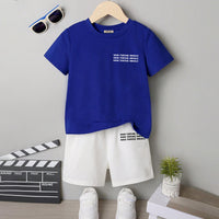 Boys Blue Typographic Printed Short Sleeves T-Shirt With Shorts Set 2 pc. Sets Blue 7-8 Y