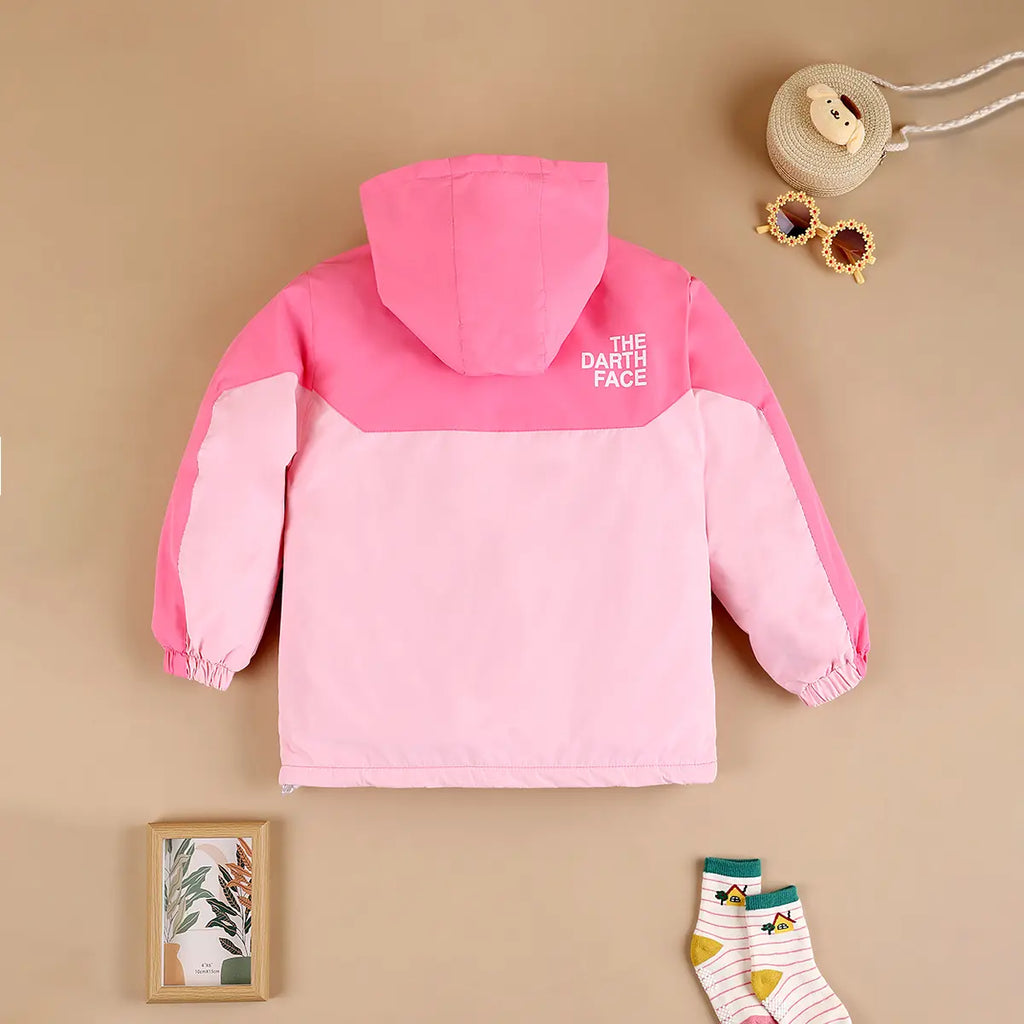 Girls Pink Typographic Printed Hooded Zipper Jacket Coats & Jackets