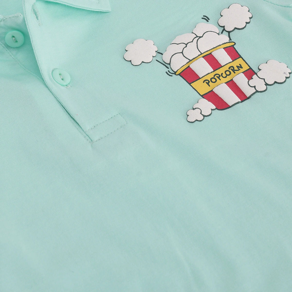 Boys Green Popcorn Graphic Polo T-shirt With Drawstring Shorts Sets Sets