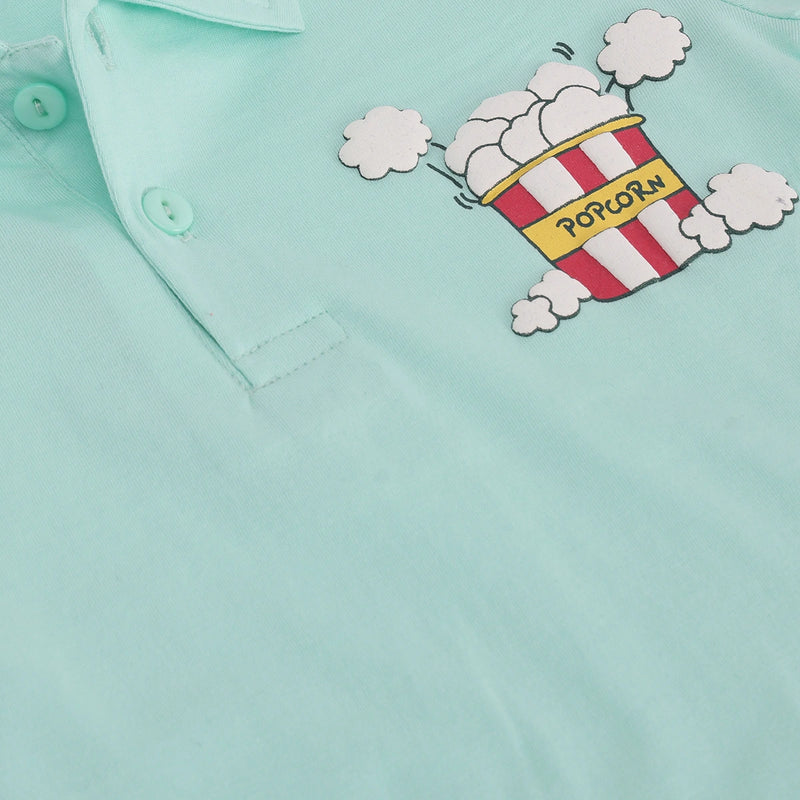 Boys Green Popcorn Graphic Polo T-shirt With Drawstring Shorts Sets Sets