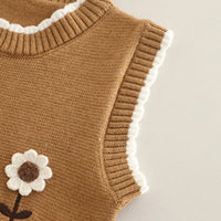 Girls Khaki Floral Embroidered Sweater Vest With Top & Pants Set Sets