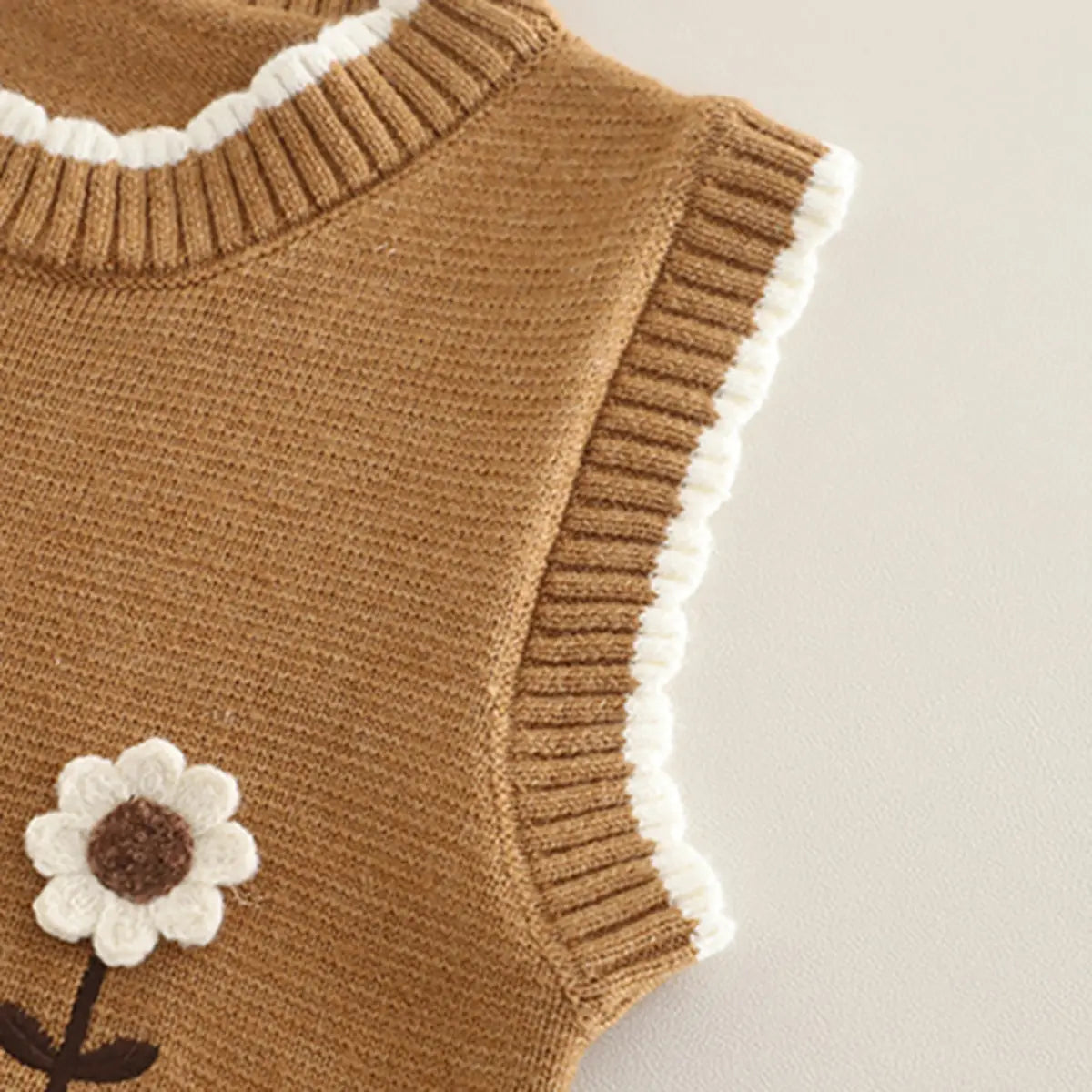 Girls Khaki Floral Embroidered Sweater Vest With Top & Pants Set Sets