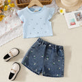 Girls Sky Blue Embellished Top With Floral Embroidered Denim Shorts Set Sets Sky Blue 2-3 Y