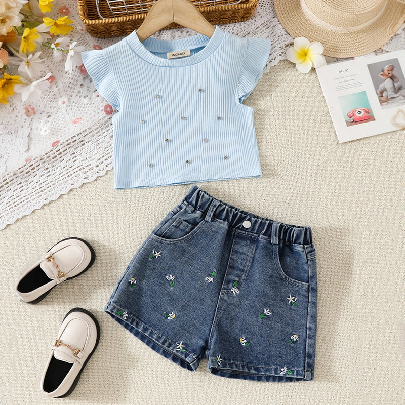 Girls Sky Blue Embellished Top With Floral Embroidered Denim Shorts Set Sets Sky Blue 2-3 Y
