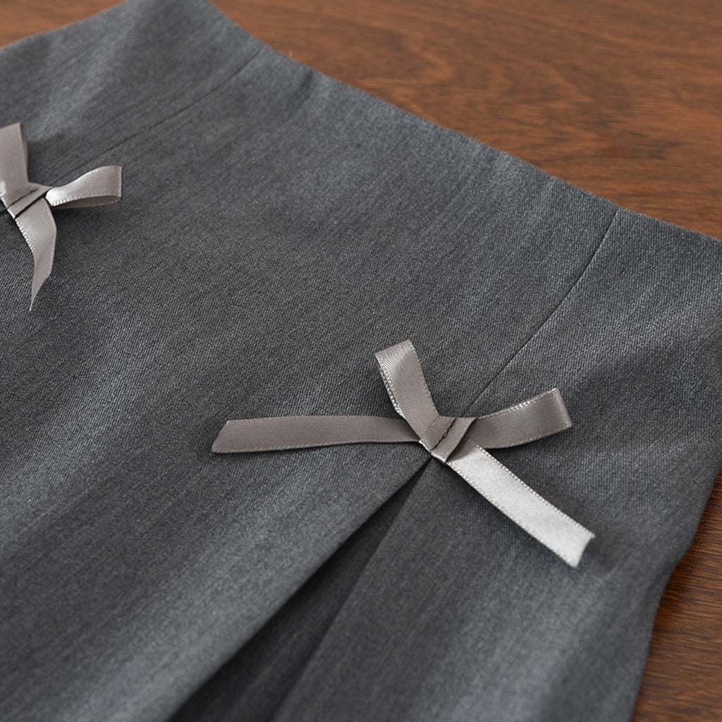Girls Light Grey Puff Sleeve Top With Bow Applique Skirt Sets 2 pc. Sets