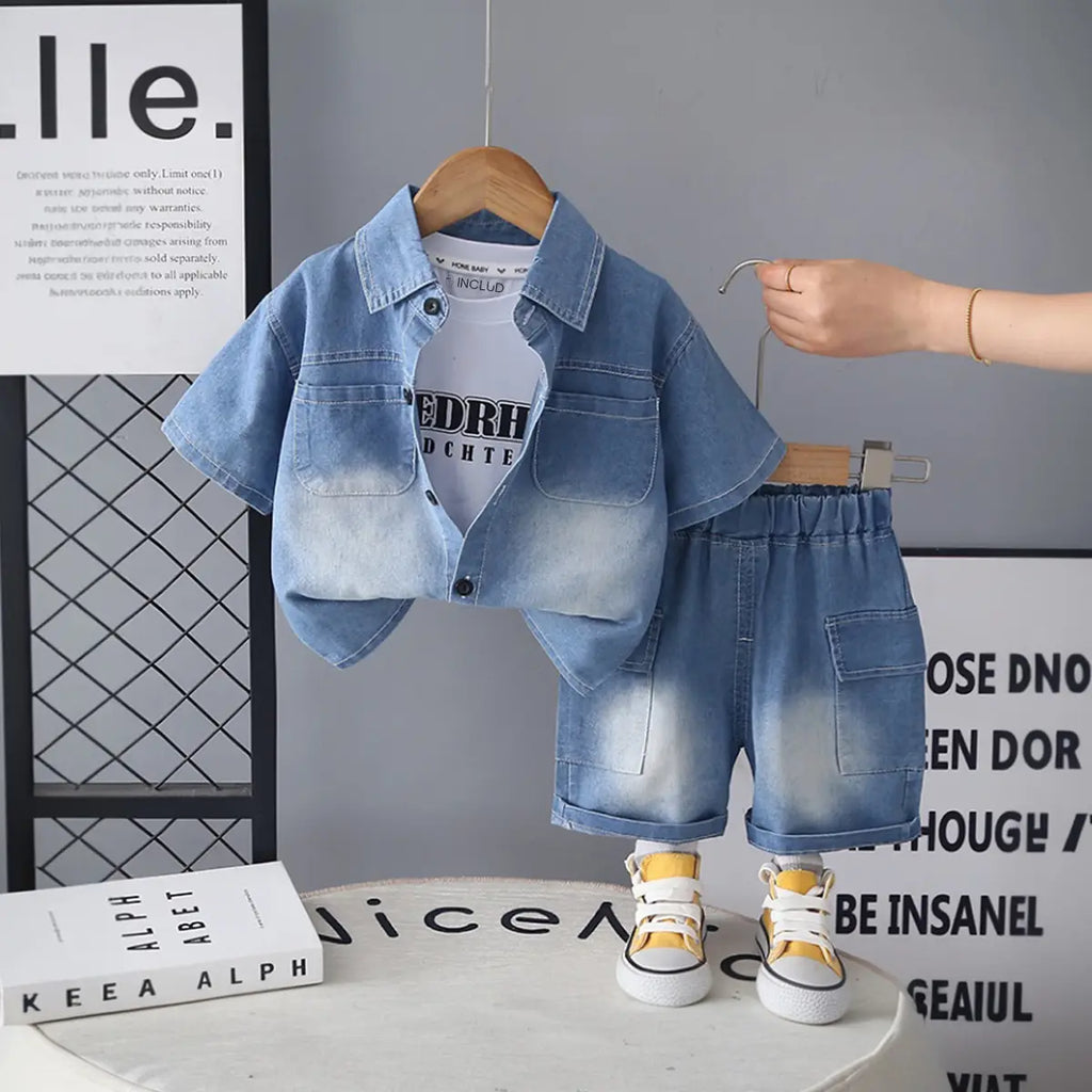 Boys Light Blue Denim Shirt & Cargo Shorts With Printed T-Shirt Sets Sets Light Blue 1-2 Y